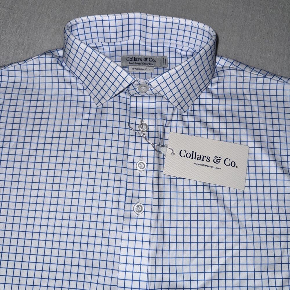 Collars & Co Golf Semi Spread Collar Polo White Thin Blue Check Small NWT